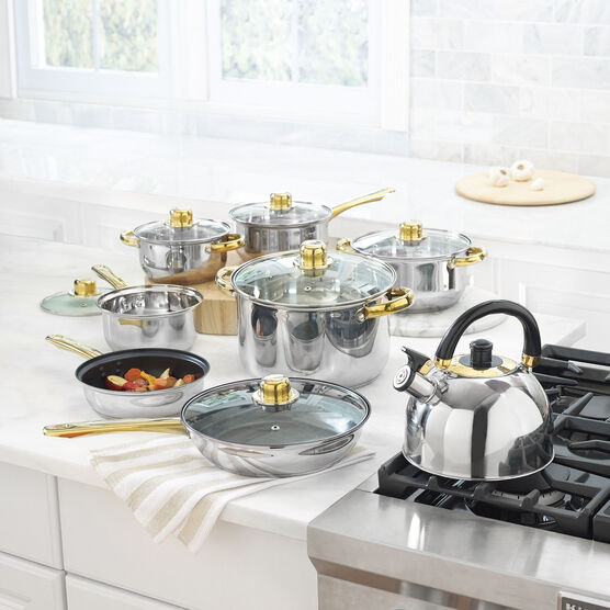 14-PC. Stainless Steel Cookware Set with Gold Accents, STAINLESS GOLD, hi-res image number null