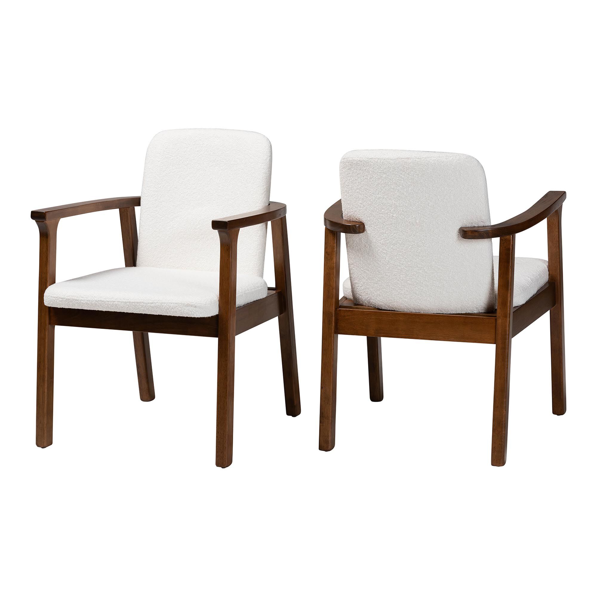 Miyagi Boucle Upholstered Dining Chair Set of 2- Mid-Century Modern Armchair with Solid Wood Frame and Rounded Backrest, WHITE, alternate image number 1
