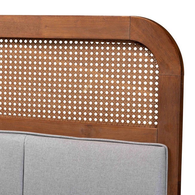 Esti Mid-Century Modern Light Grey Fabric And Ash Walnut Finished Wood King Size Headboard With Rattan, , alternate image number null