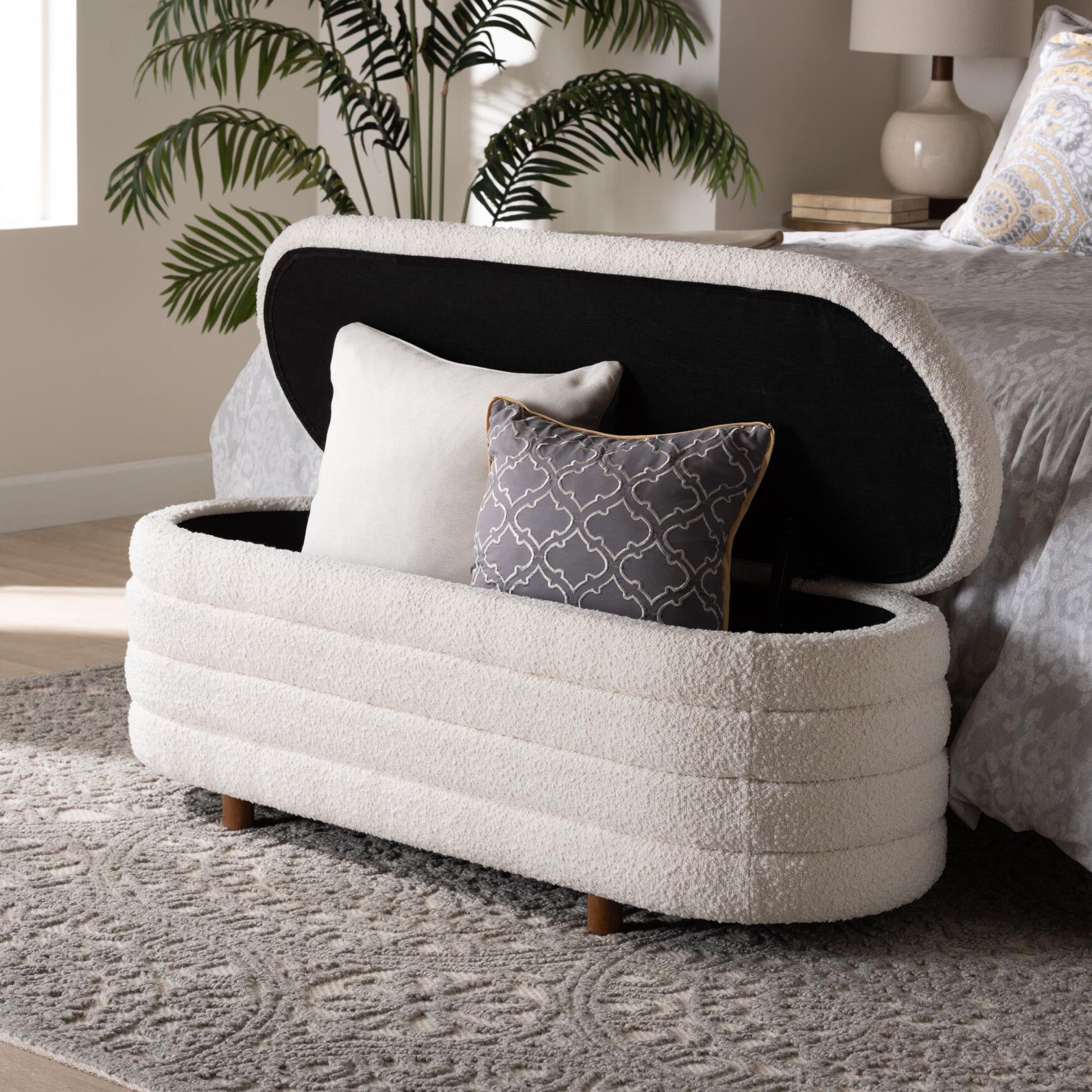 Betiana Modern Japandi Cream Boucle Fabric And Walnut Brown Finished Wood Storage Bench, , alternate image number 6