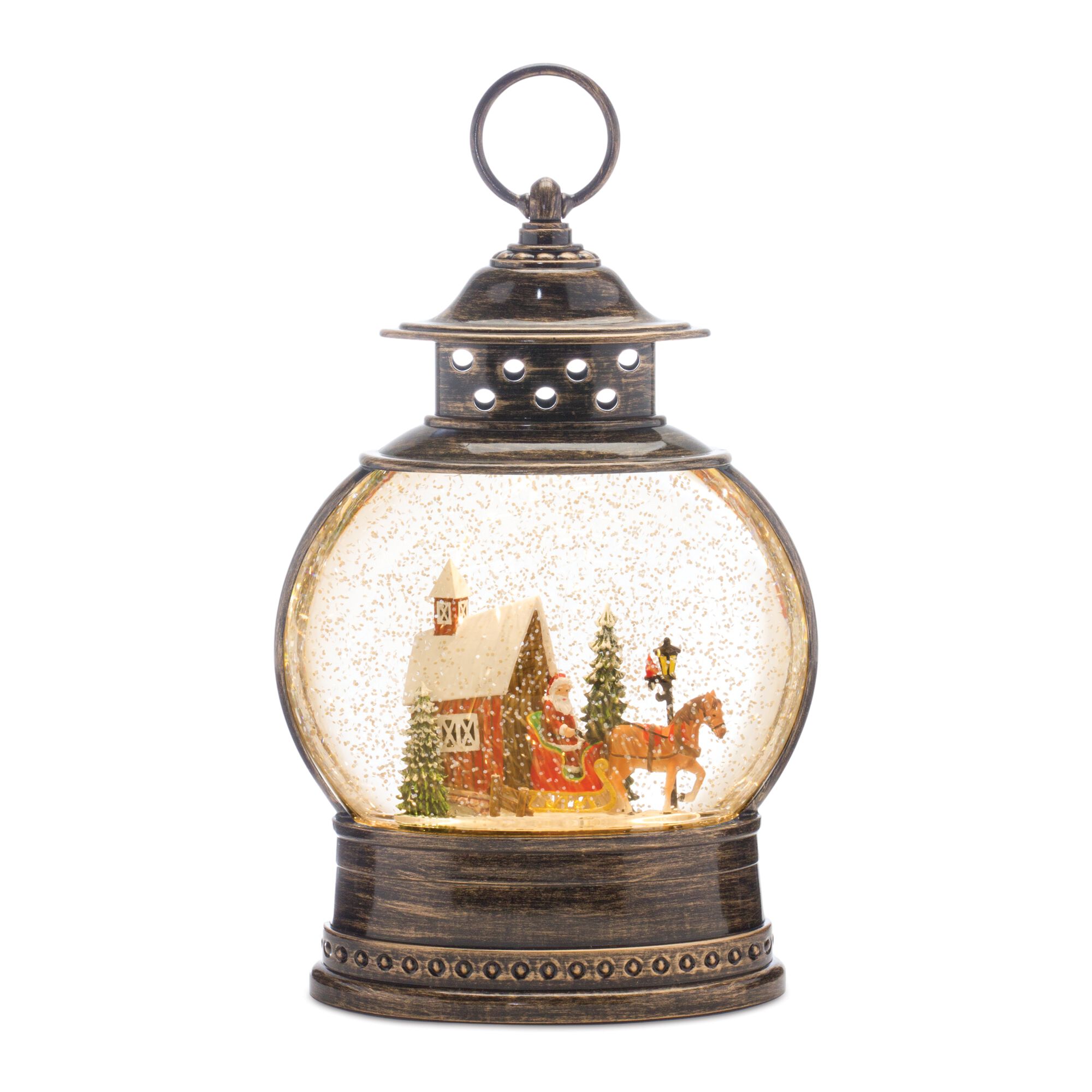 LED Snow Globe with Santa's Sleigh 11.5 inchesH, BRONZE RED, hi-res image number 0