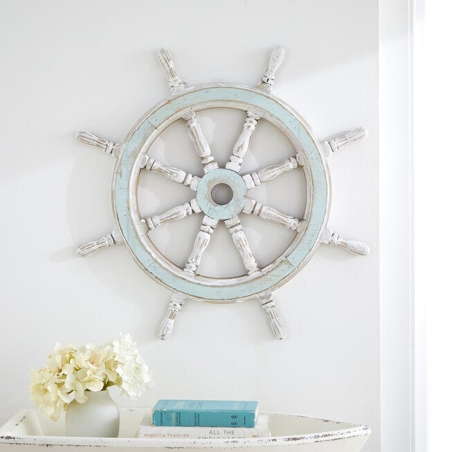 White Coastal Ship Wheel Wood Wall Décor, WHITE, hi-res image number 0