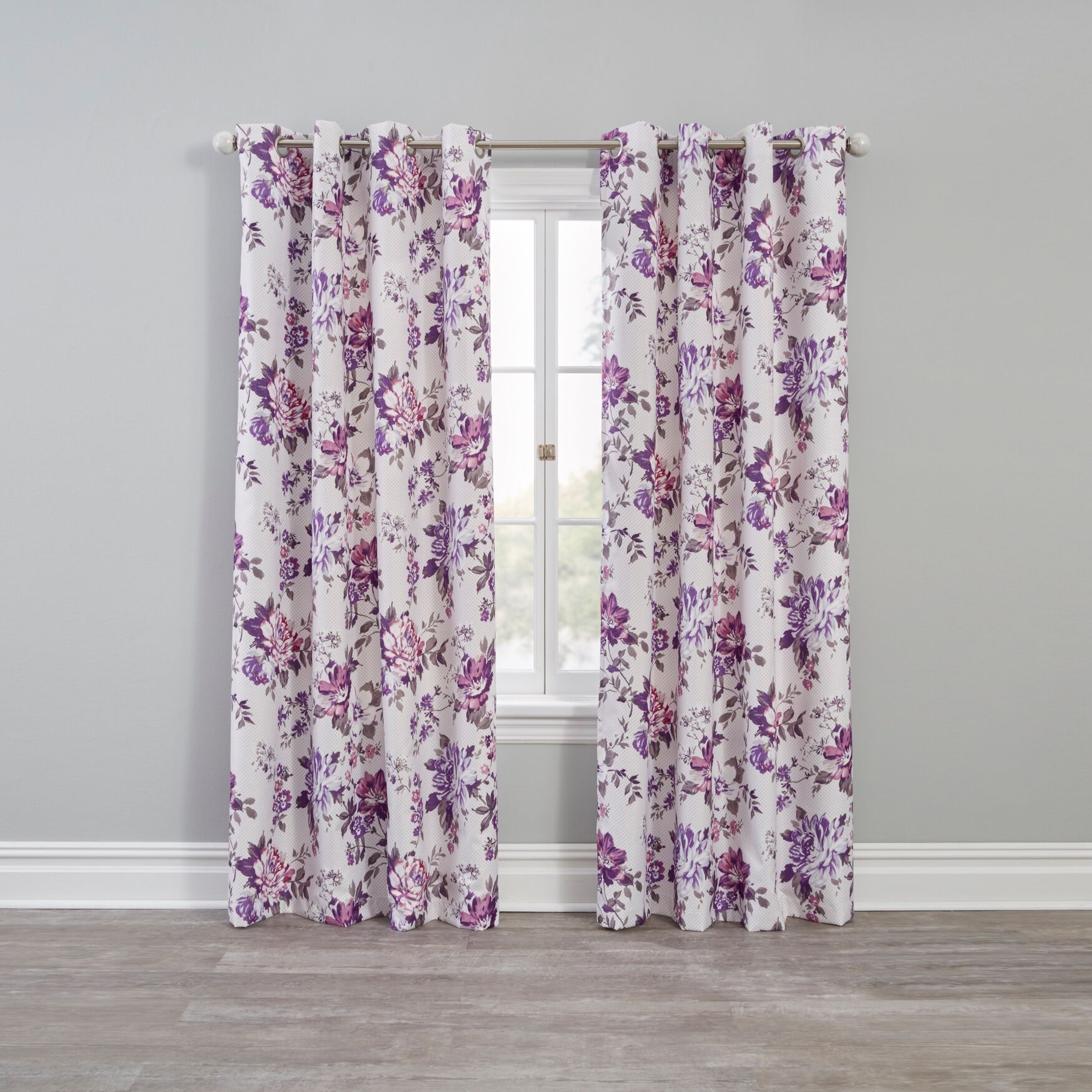 Floral Check Blackout Grommet Panel, PURPLE GRAY, hi-res image number 0