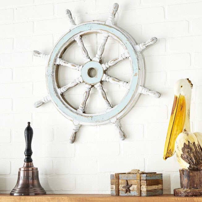 White Coastal Ship Wheel Wood Wall Décor, , alternate image number 5
