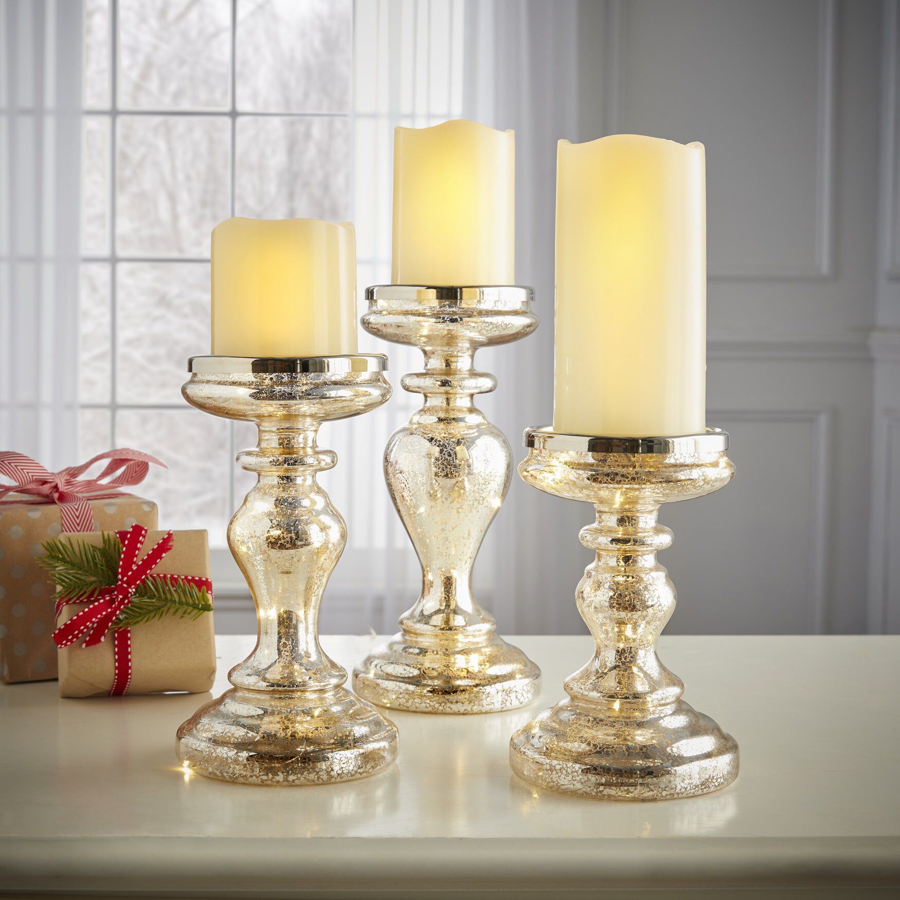 Pre-Lit Mercury Glass Candleholders, Set of 3, MERCURY, hi-res image number 0