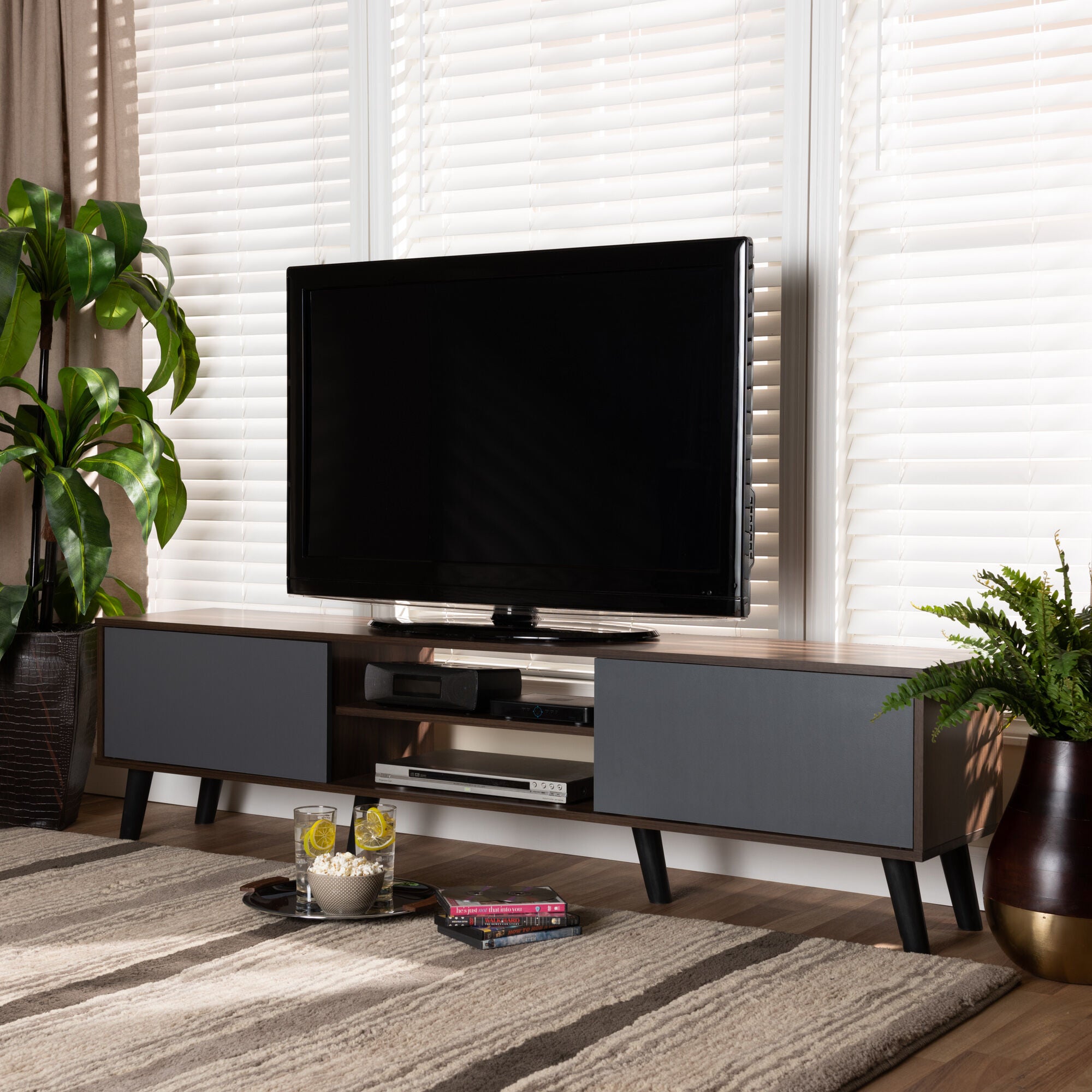 Clapton Modern and Contemporary Multi-Tone Grey and Walnut Brown Finished Wood TV Stand, GREY, hi-res image number 0