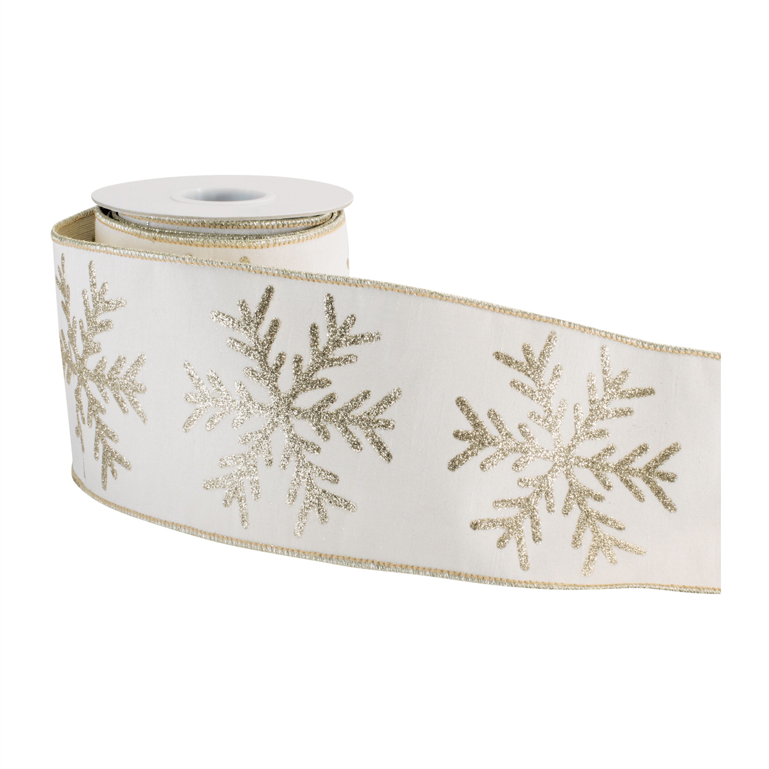 Snowflake Wired Ribbon 4 inches x 5 Yds., WHITE GOLD, alternate image number 1