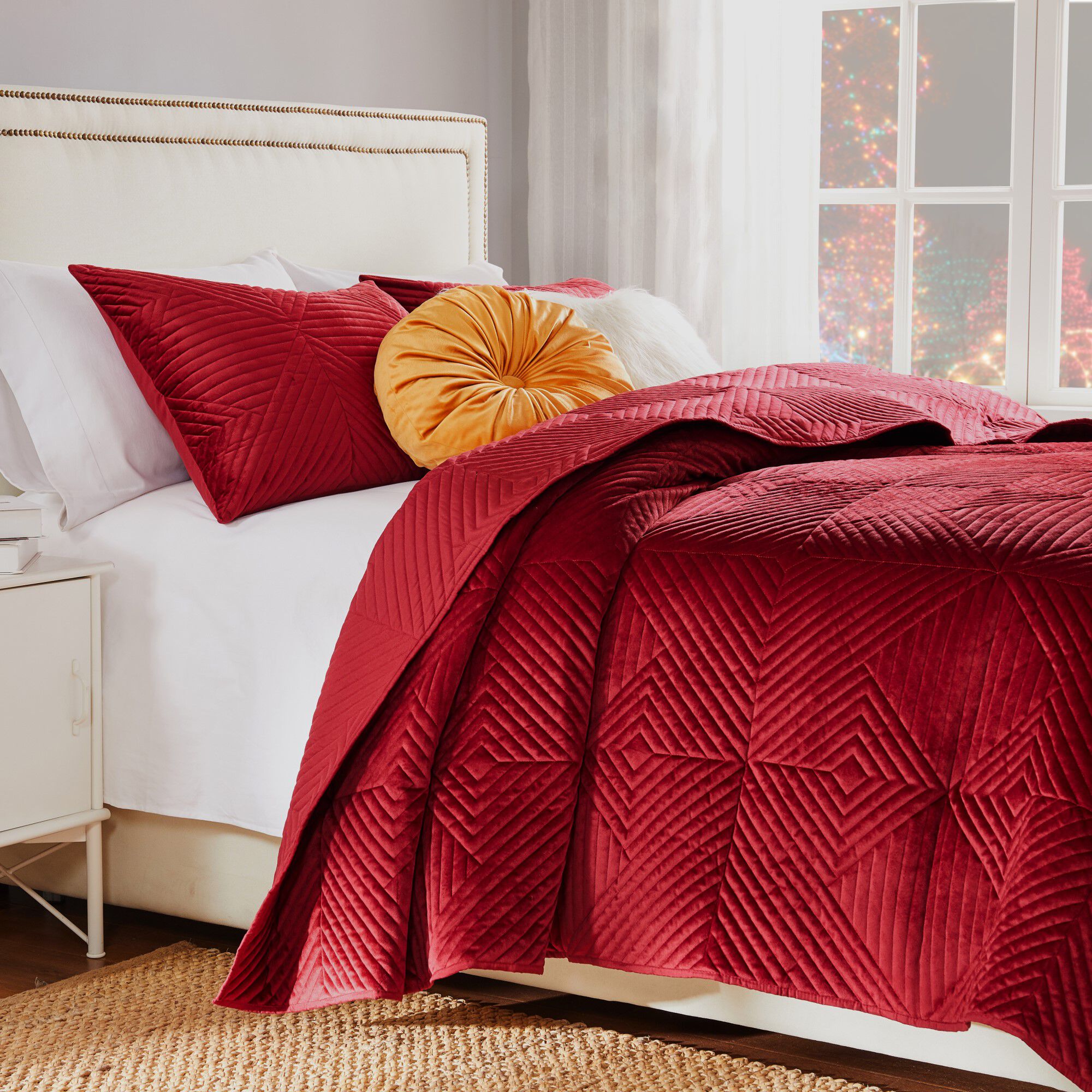 Riviera Velvet Finely Stitched Modern Quilt Set, Red, 3-Piece King, RED, alternate image number 2
