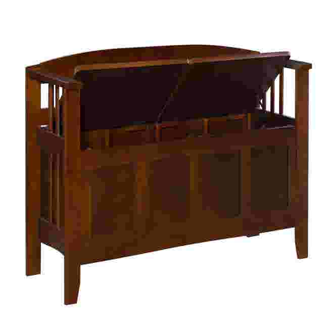 Wooden storage bench with open lid showing interior