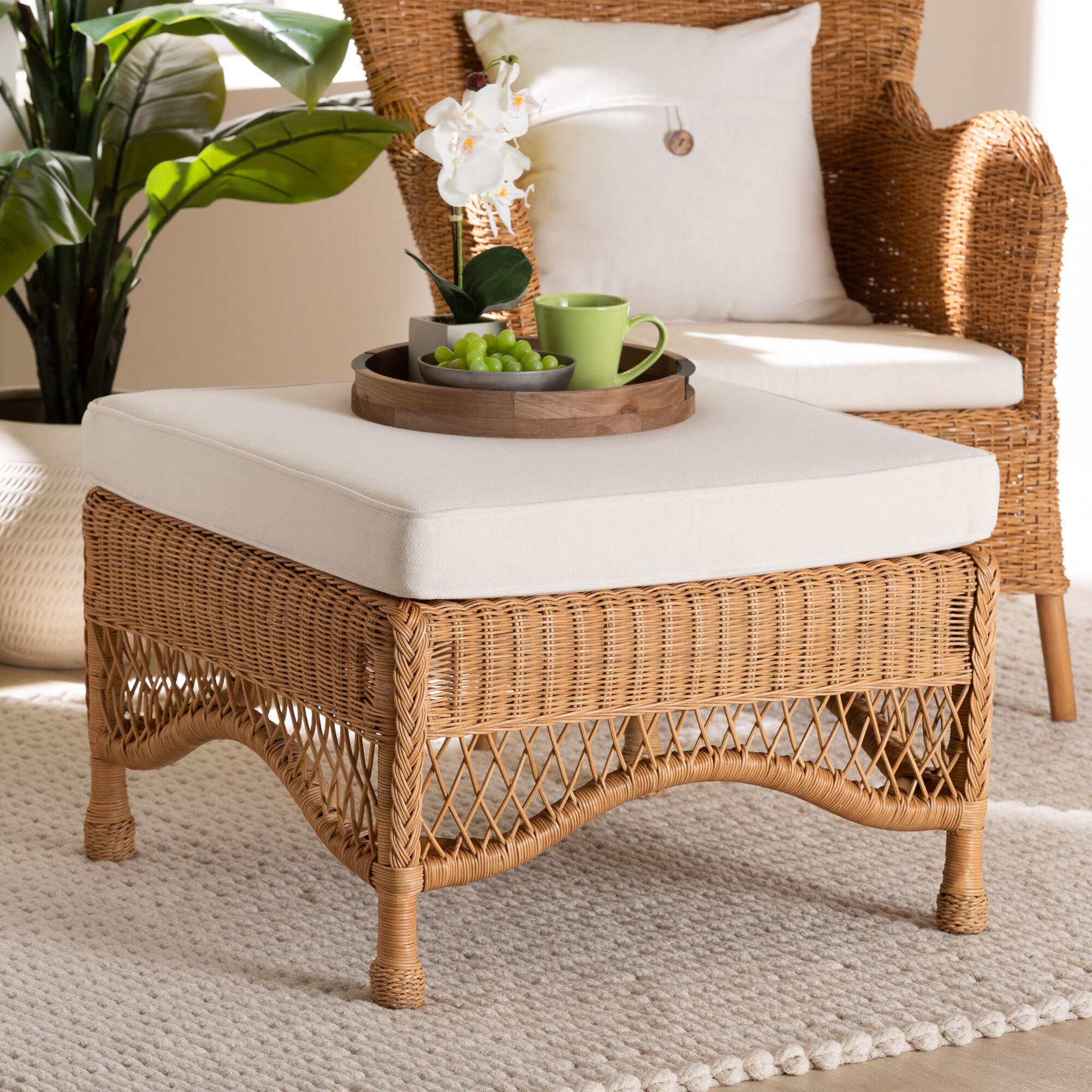 Brooklyn Bohemian Light Honey Braided Rattan Ottoman Stool, HONEY, alternate image number 6