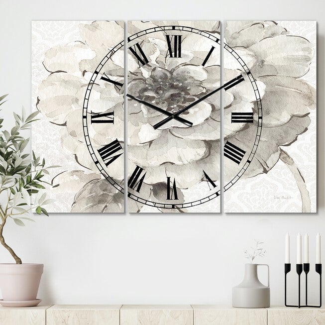 Indigold Grey Peonies I Traditional Multipanel Wall Clock, GREY, hi-res image number null