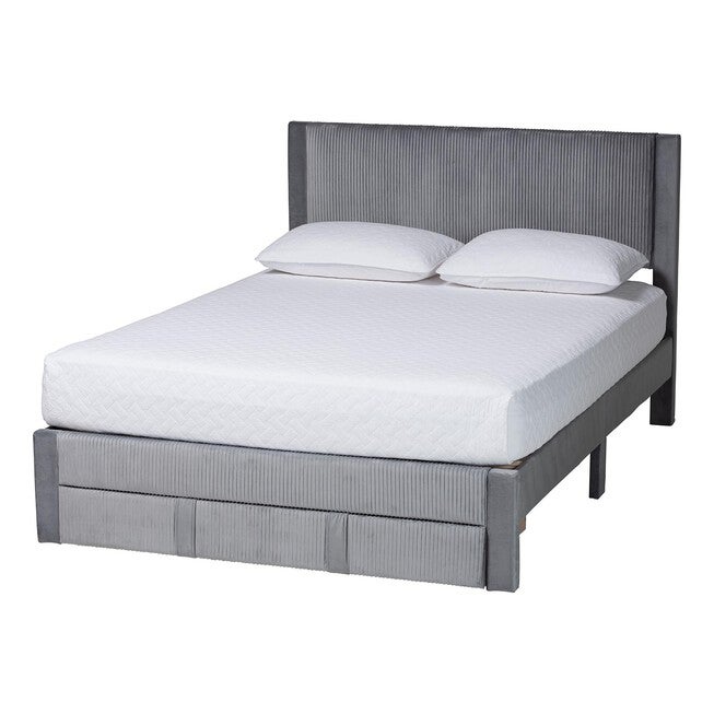 Elora Modern Pleated Velvet Queen Size Storage Bed, GREY, alternate image number 1