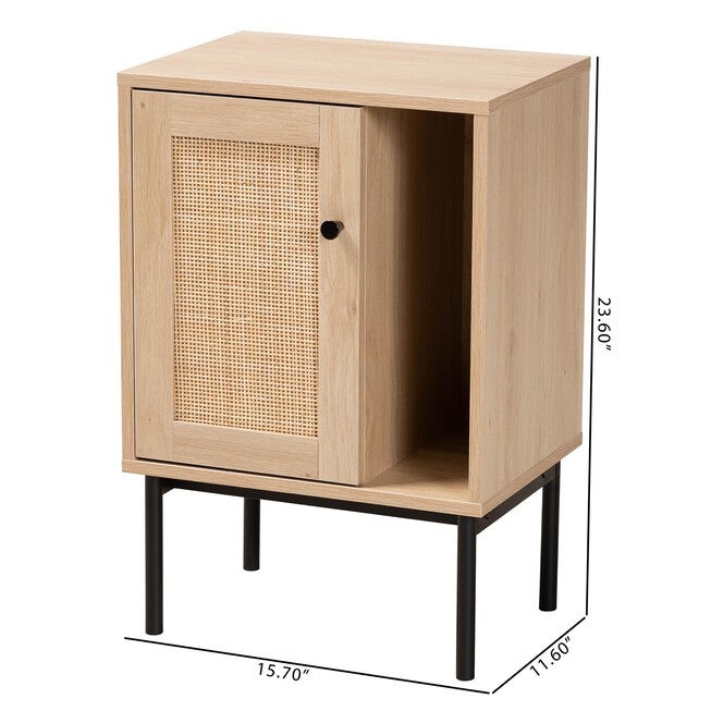 Sherwin Mid-Century Modern Light Brown And Black 1-Door Cabinet With Woven Rattan Accent, , alternate image number null