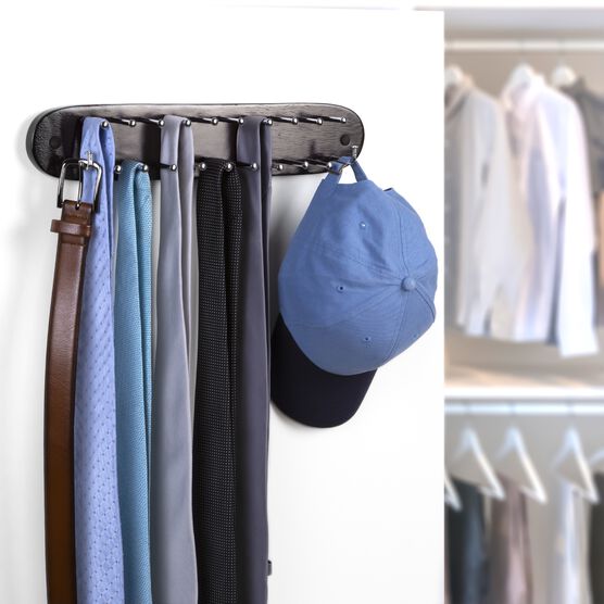 Closet Tie Rack, Belt Scarf Hanger-Natural Dark Walnut Wood With Chrome Hooks-Multi Accessory Wall Mounted Holder For Storage And Organization, , on-hover image number null