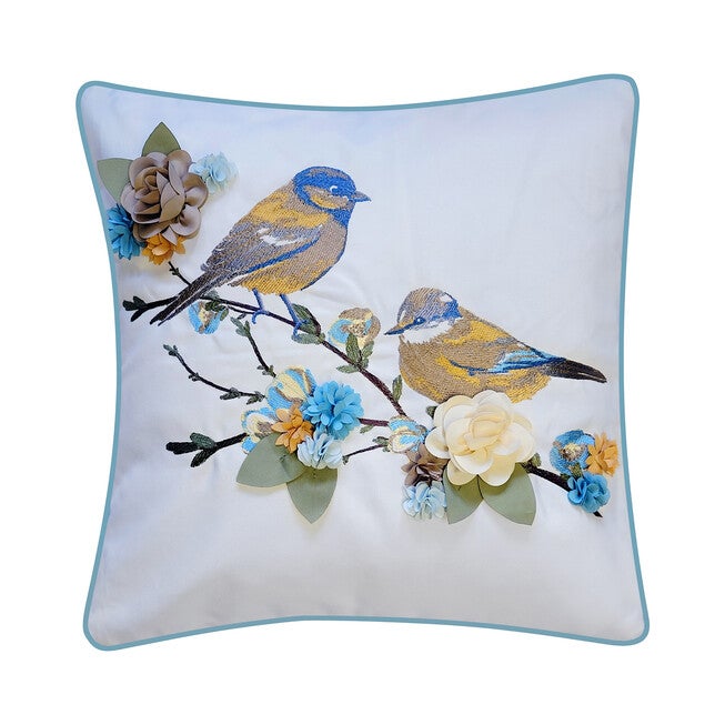 Edie @ Home Indoor/Outdoor Embroidered Birds On Floral Branch Decorative Throw Pillow 18X18, Capri Multi, CAPRI, hi-res image number null