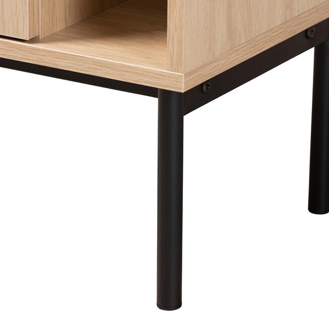 Sherwin Mid-Century Modern Light Brown And Black 1-Door Cabinet With Woven Rattan Accent, , alternate image number null