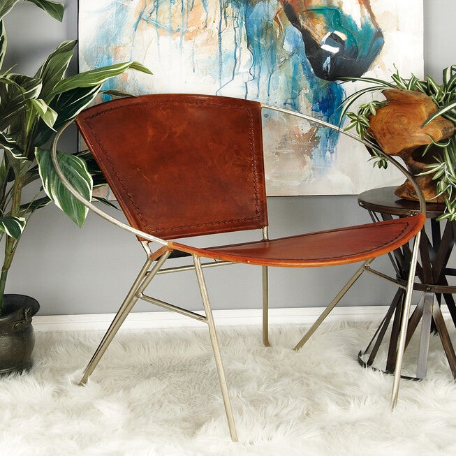 Brown Goat Leather And Iron Accent Chair Round Chair, , alternate image number null