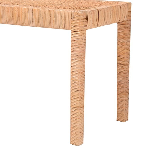 Abelia Modern Bohemian Natural Rattan And Mahogany Wood Long Accent Bench, , alternate image number null