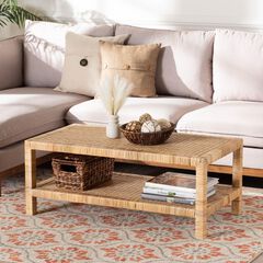 Kalimantan Bohemian Light Honey Rattan and Mahogany Wood Rectangle Coffee Table