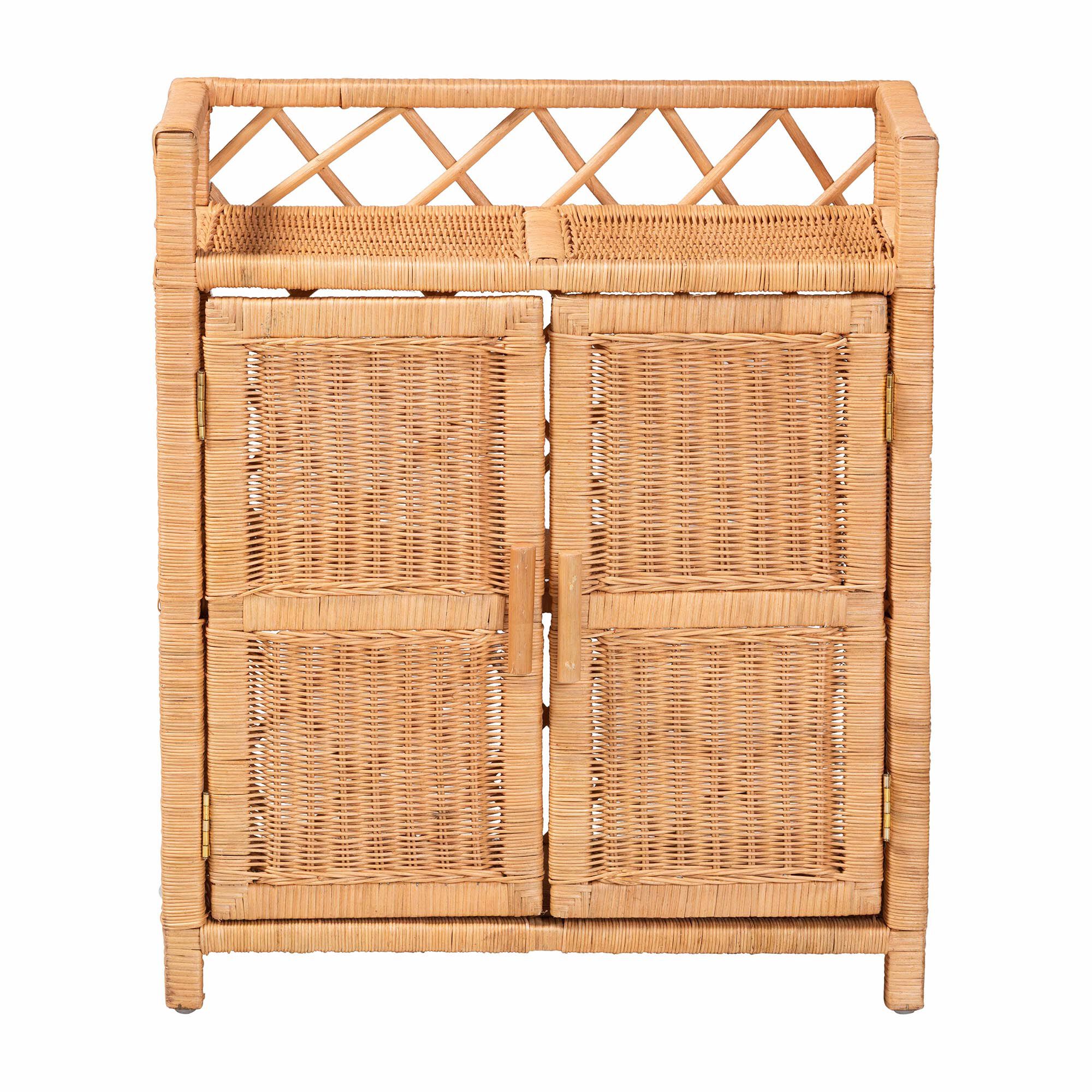 Hendrina Natural Rattan and Mahogany Wood 3-Tier Shoe Cabinet, HONEY, alternate image number 3