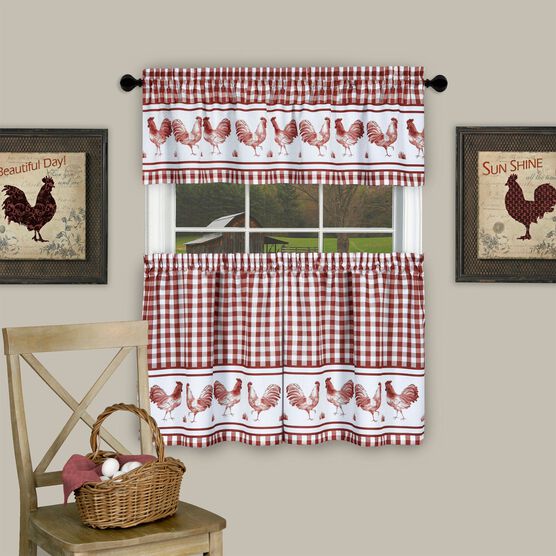 Barnyard Window Curtain Tier Pair and Valance Set, BURGUNDY, hi-res image number null
