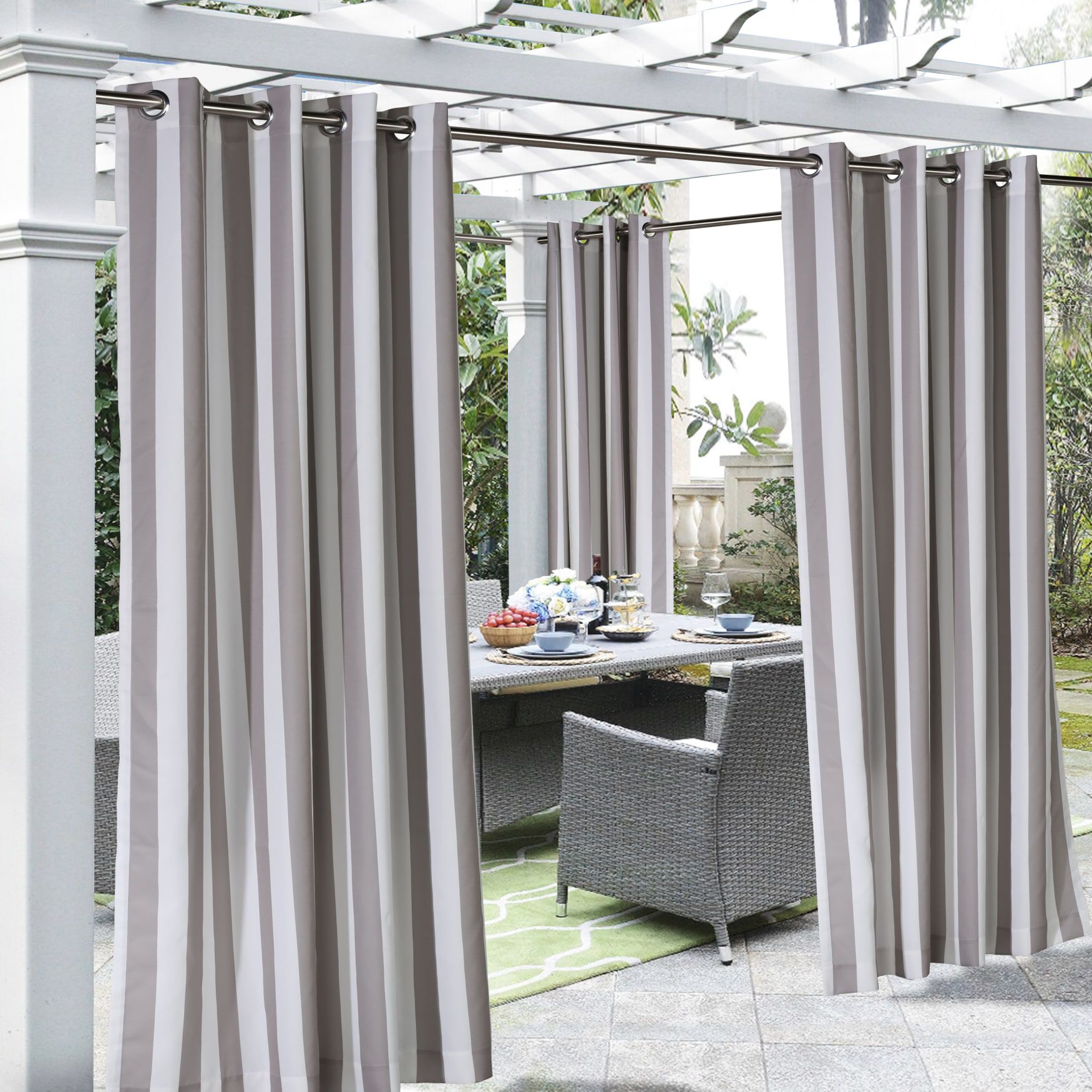 Outdoor Decor Coastal Stripe Outdoor Single Grommet Curtain Panel, TAUPE, hi-res image number 0