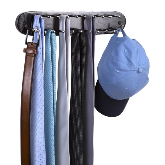 Closet Tie Rack, Belt Scarf Hanger-Natural Dark Walnut Wood With Chrome Hooks-Multi Accessory Wall Mounted Holder For Storage And Organization, , alternate image number null