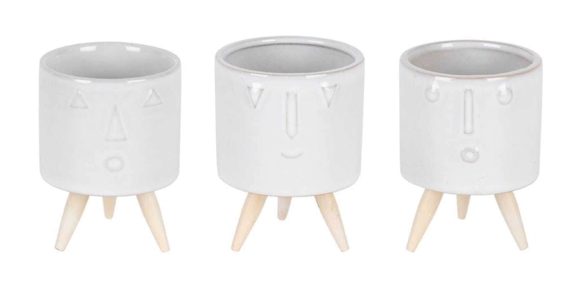 Porcelain Face Planter with Wooden Legs (Set of 3), WHITE/BROWN, hi-res image number 0