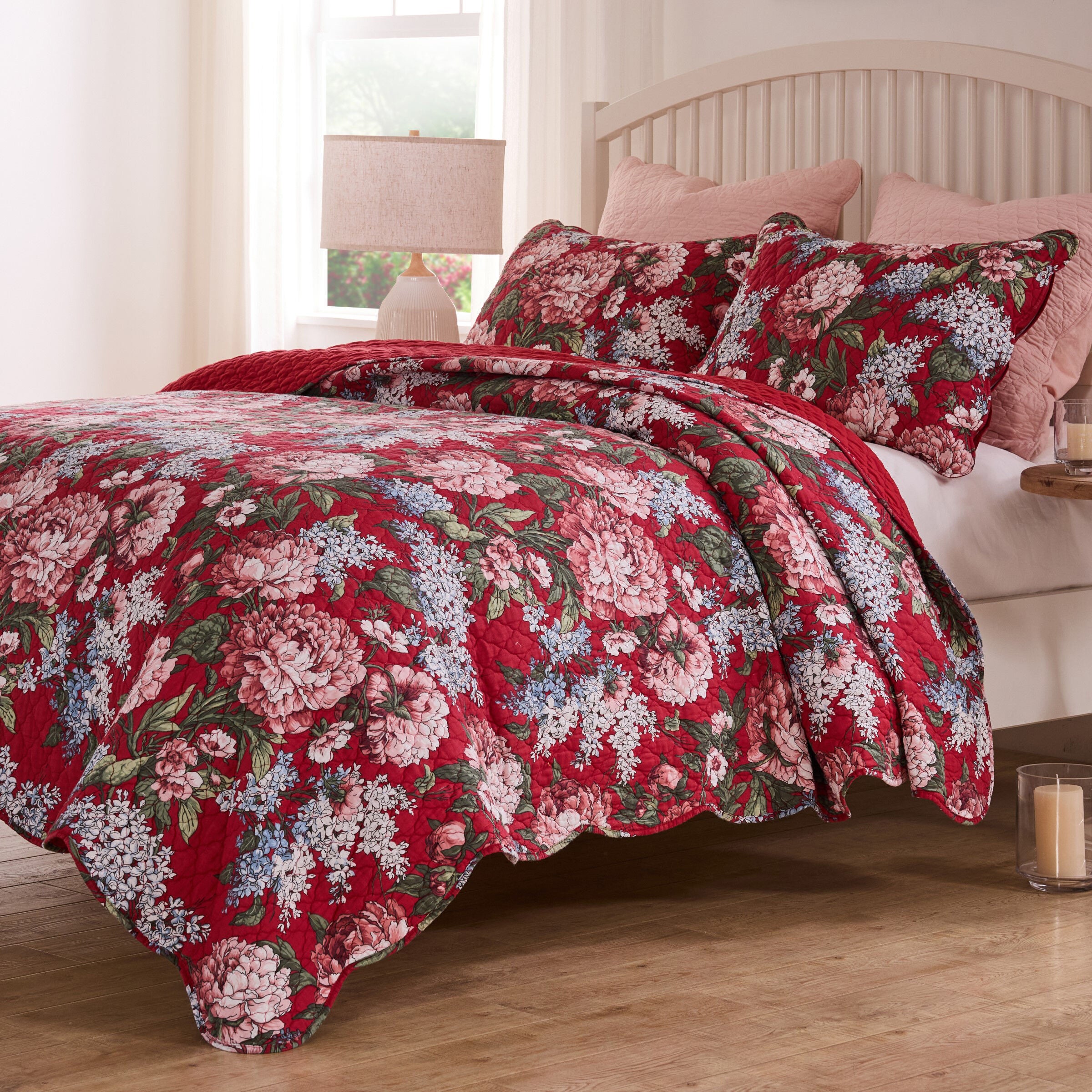 Greenland Home Fashions Millie Finely Stitched Floral Quilt Set, 3-Piece King/Cal King, Garnet, GARNET, alternate image number 1