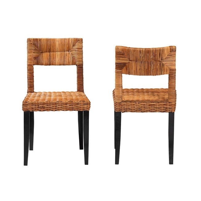 Manrico Modern Bohemian Dark Brown Finished Wood And Natural Rattan 2-Piece Dining Chair Set, , on-hover image number 1