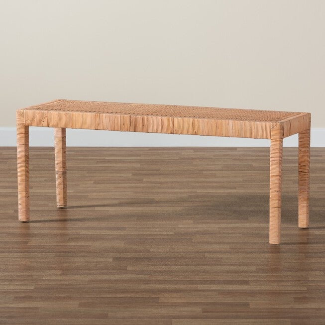 Abelia Modern Bohemian Natural Rattan And Mahogany Wood Long Accent Bench, , alternate image number null