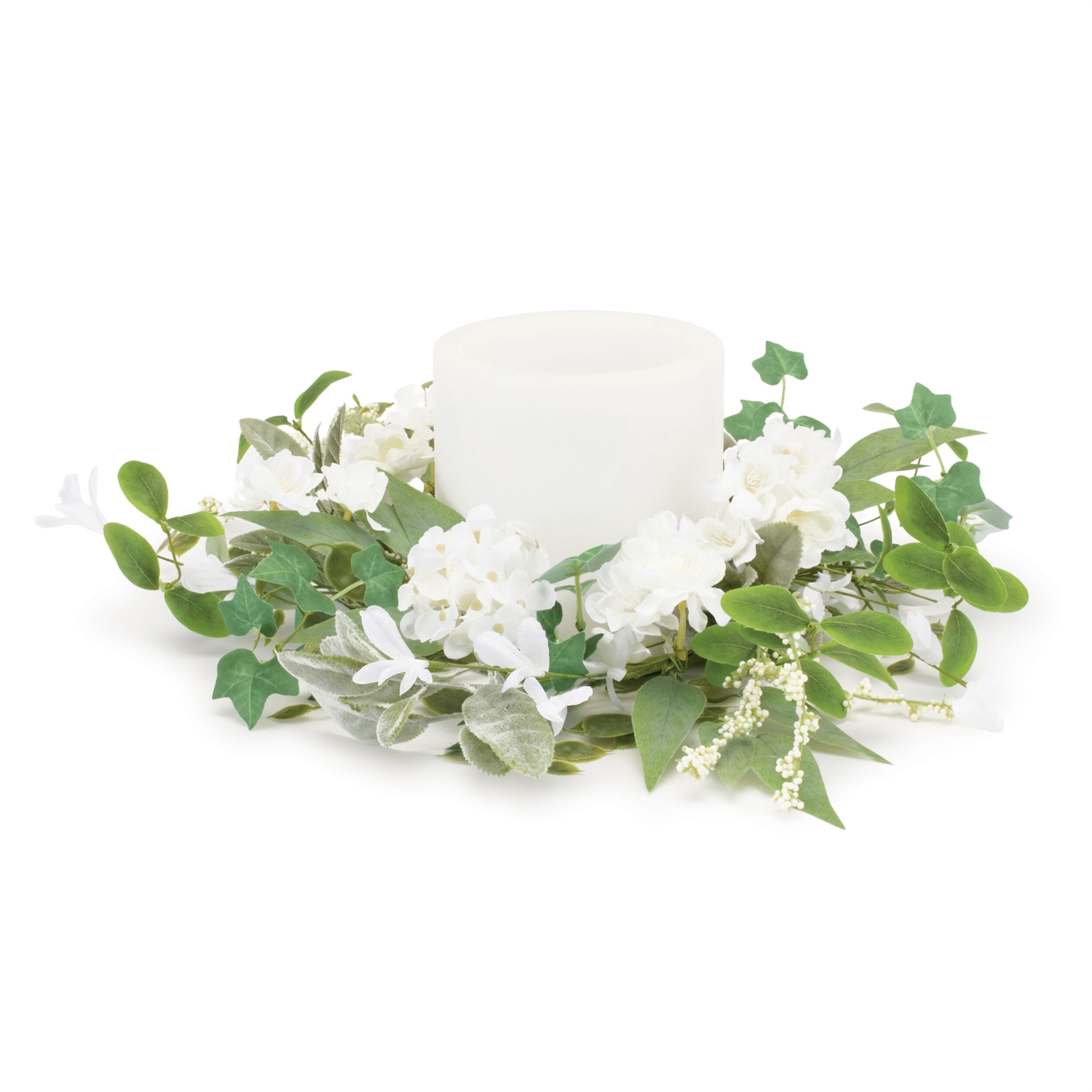 Mixed Floral and Foliage Candle Ring 17.5 inchesD, GREEN/WHITE, hi-res image number 0