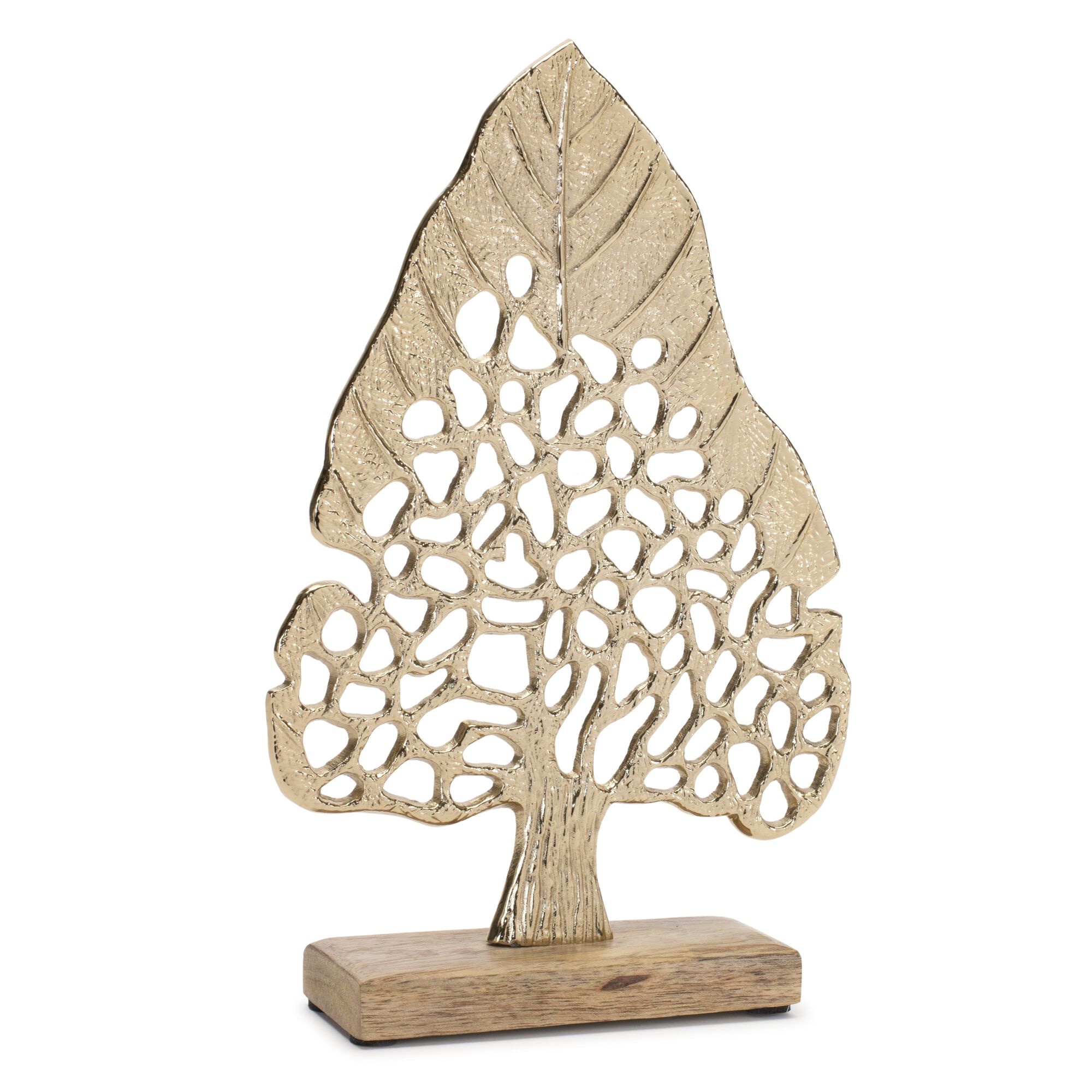 Modern Metal Leaf Tree on Wood Base (Set of 2), GOLD, alternate image number 1