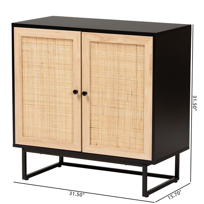 Declan Mid-Century Modern Espresso Brown Finished Wood And Natural Rattan 2-Door Storage Cabinet, , alternate image number null