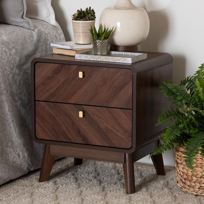 Markell Mid-Century Transitional Walnut Brown Finished Wood 2-Drawer Nightstand, , alternate image number null
