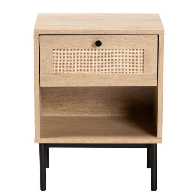 Sherwin Mid-Century Modern Light Brown And Black 1-Drawer End Table With Woven Rattan Accent, , alternate image number 2