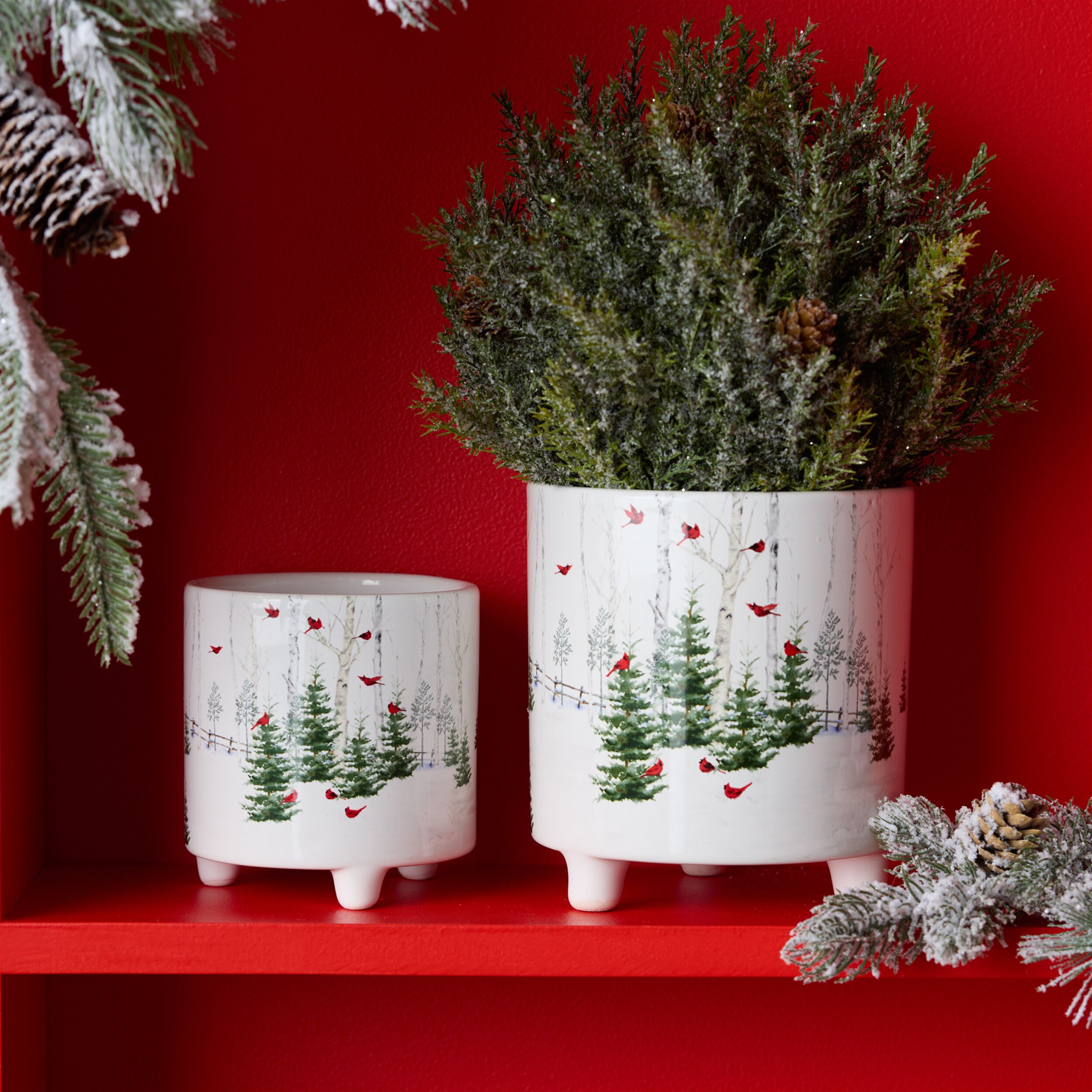 Winter Cardinal Forest Planter (Set of 2), WHITE GREEN RED, alternate image number 5