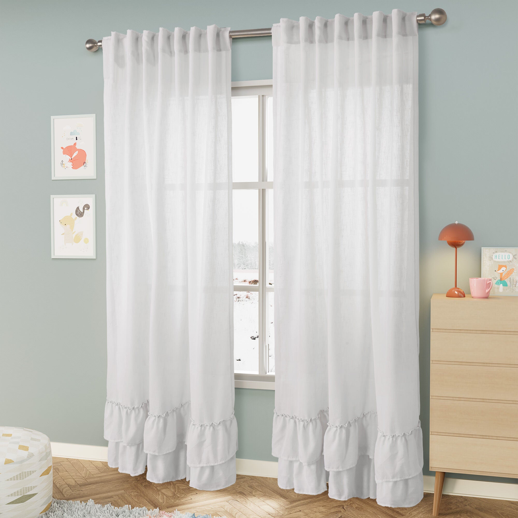 Linen Texture Double Ruffle Back Tab Curtain Pair, WHITE, alternate image number 2