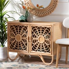 Acelin Natural Rattan Storage Cabinet - Handcrafted Boho Accent Console with Floral Woven Doors