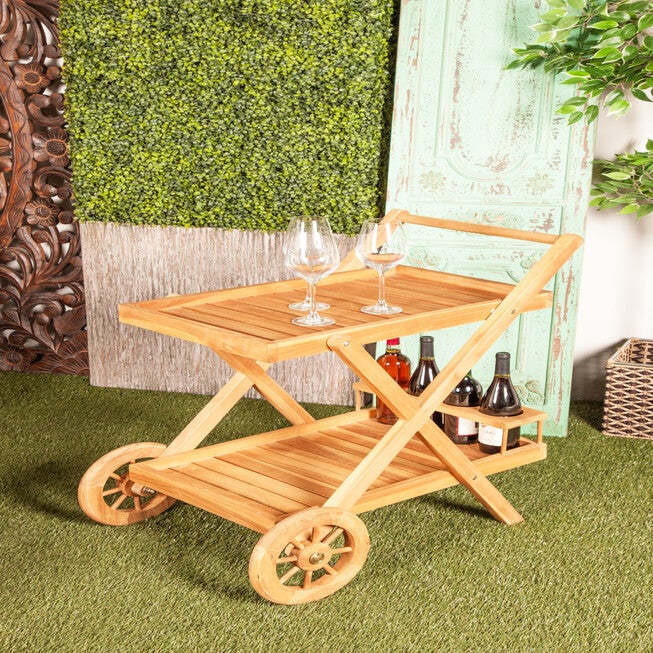 Brown Teak Wood Traditional Rolling Serving Cart, , alternate image number null