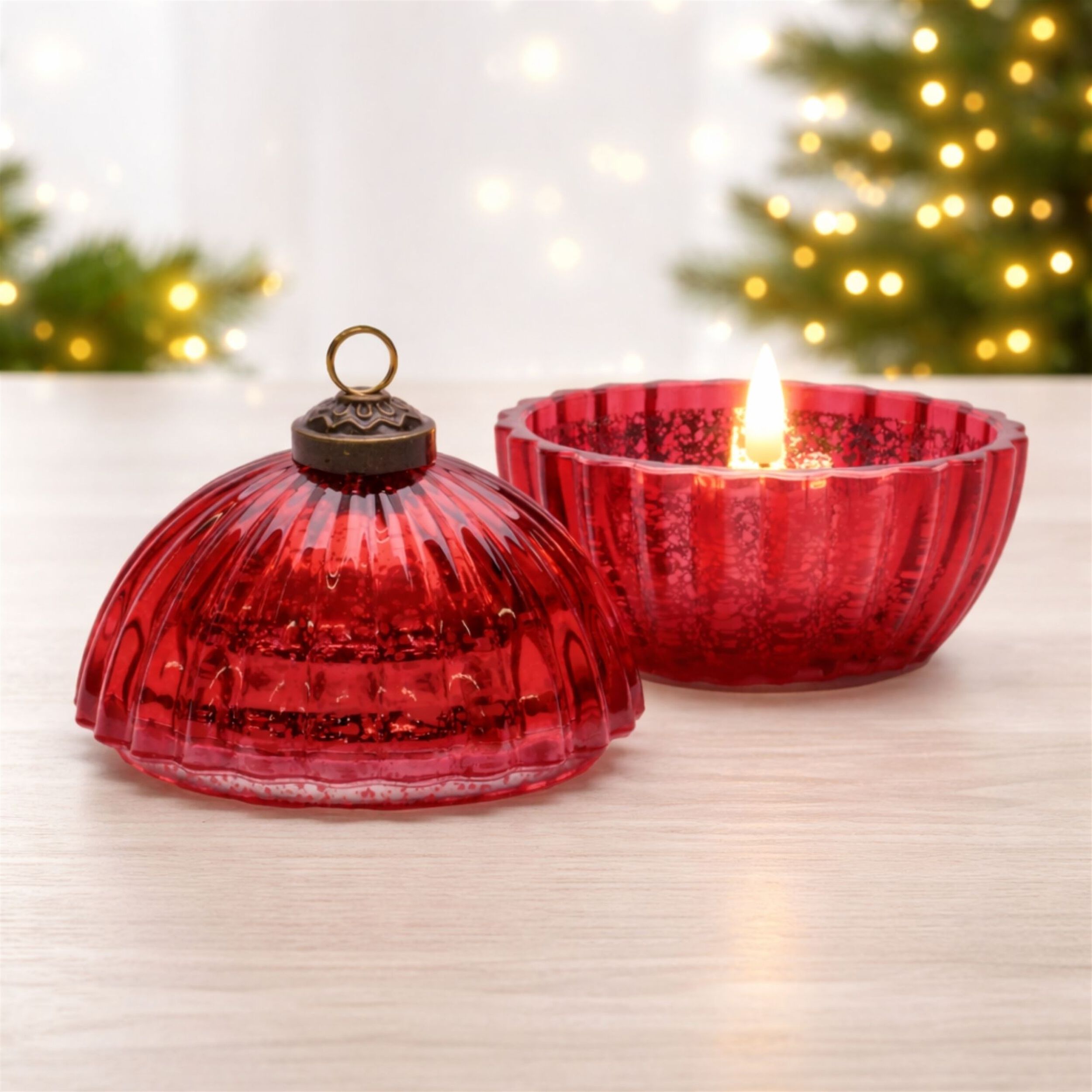 Glass Ornament with LED Candle Inside 4 inchesD, RED, alternate image number 1