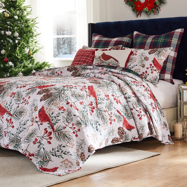Cardinal Plaid Winter Wonderland Quilt Set, Red, 2-Piece Twin, RED, hi-res image number 0