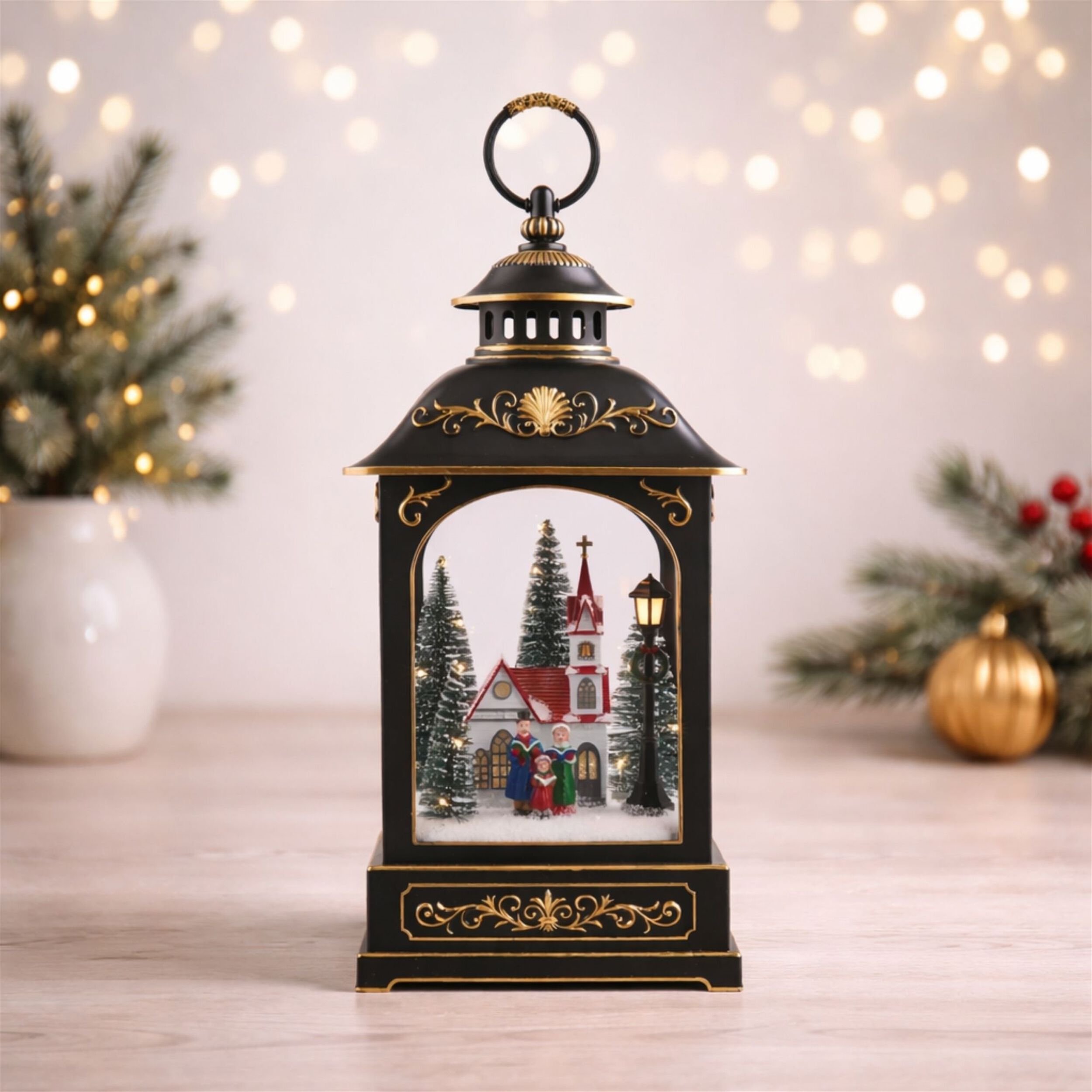 LED Lantern Scene with Church and Carolers 17.5 inchesH, BLACK. GOLD, alternate image number 2