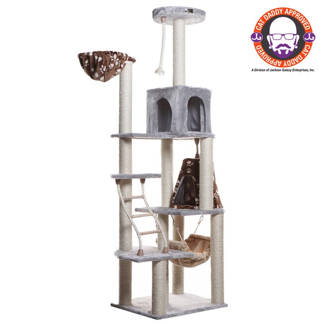 Real Wood 78 inches Cat Climber Play House With Lounge Basket, SILVER, hi-res image number null