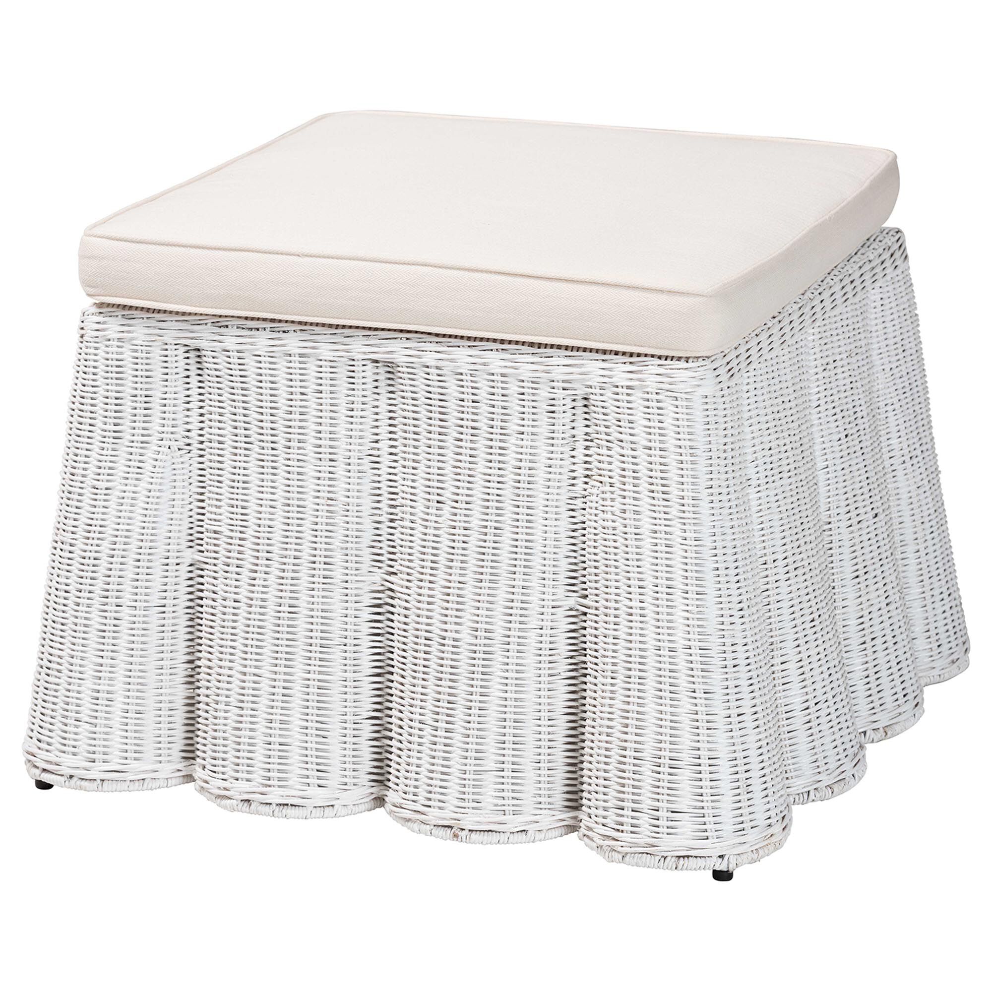 Palm Bohemian White Scallop Rattan Ottoman, WHITE, alternate image number 1