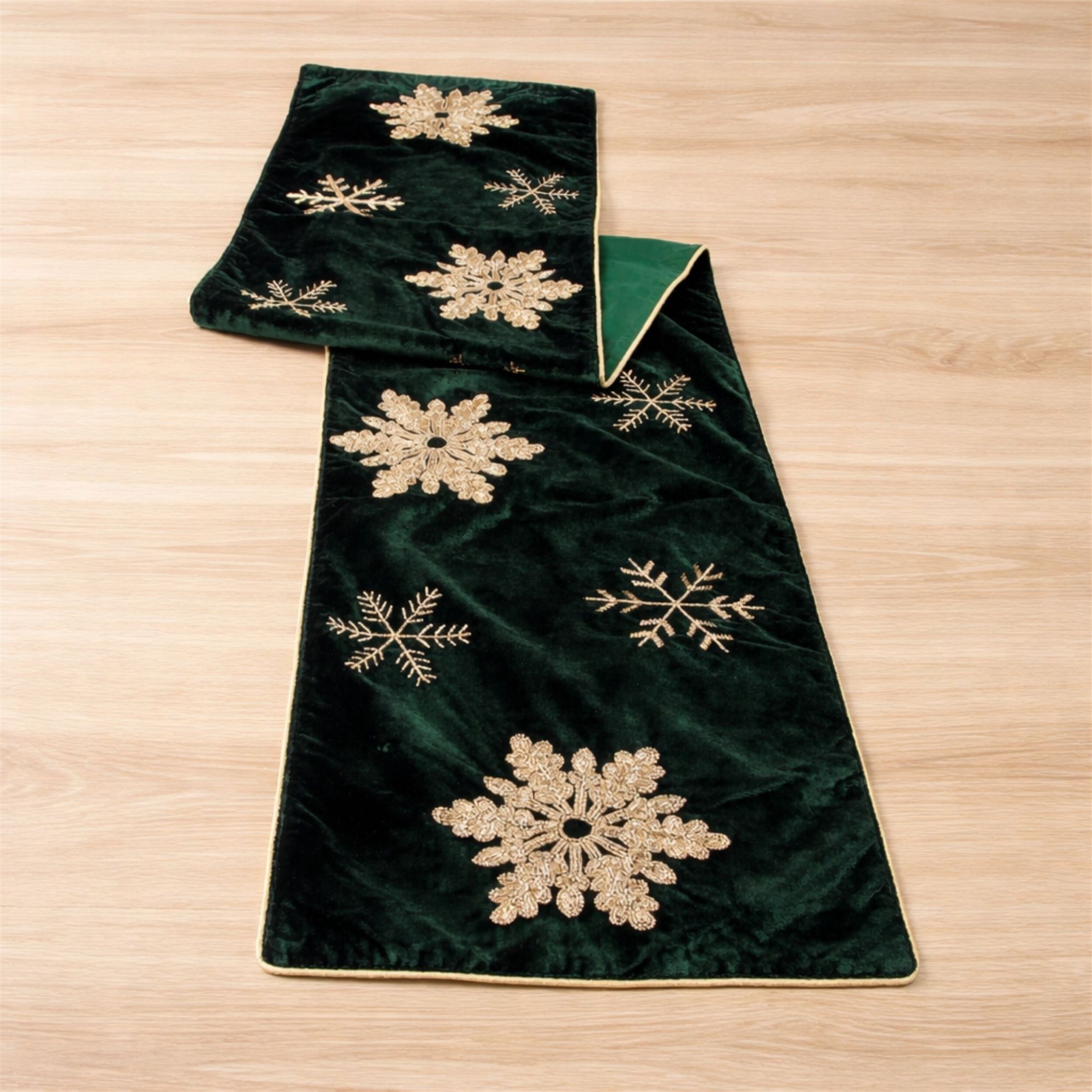 Embroidered Snowflake Table Runner 72 inchesL, GREEN GOLD, alternate image number 1