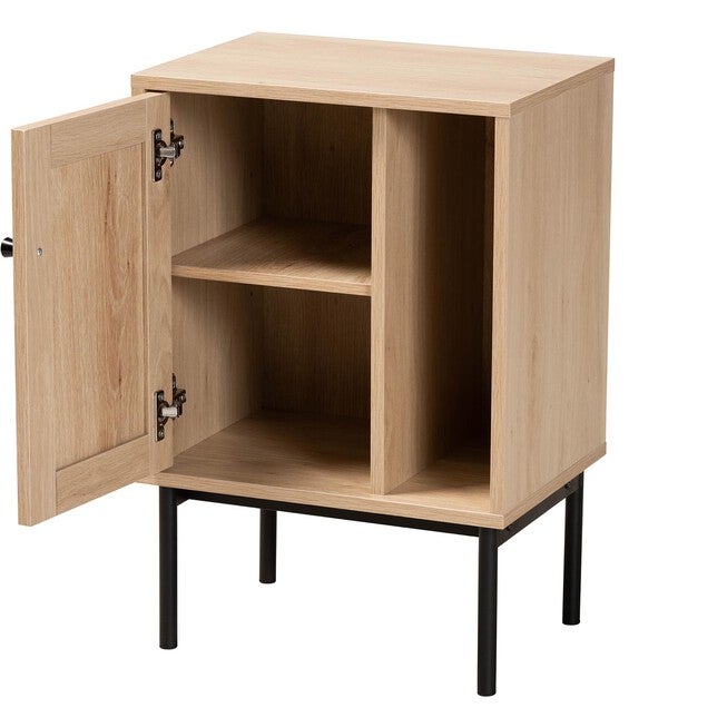 Sherwin Mid-Century Modern Light Brown And Black 1-Door Cabinet With Woven Rattan Accent, , on-hover image number null