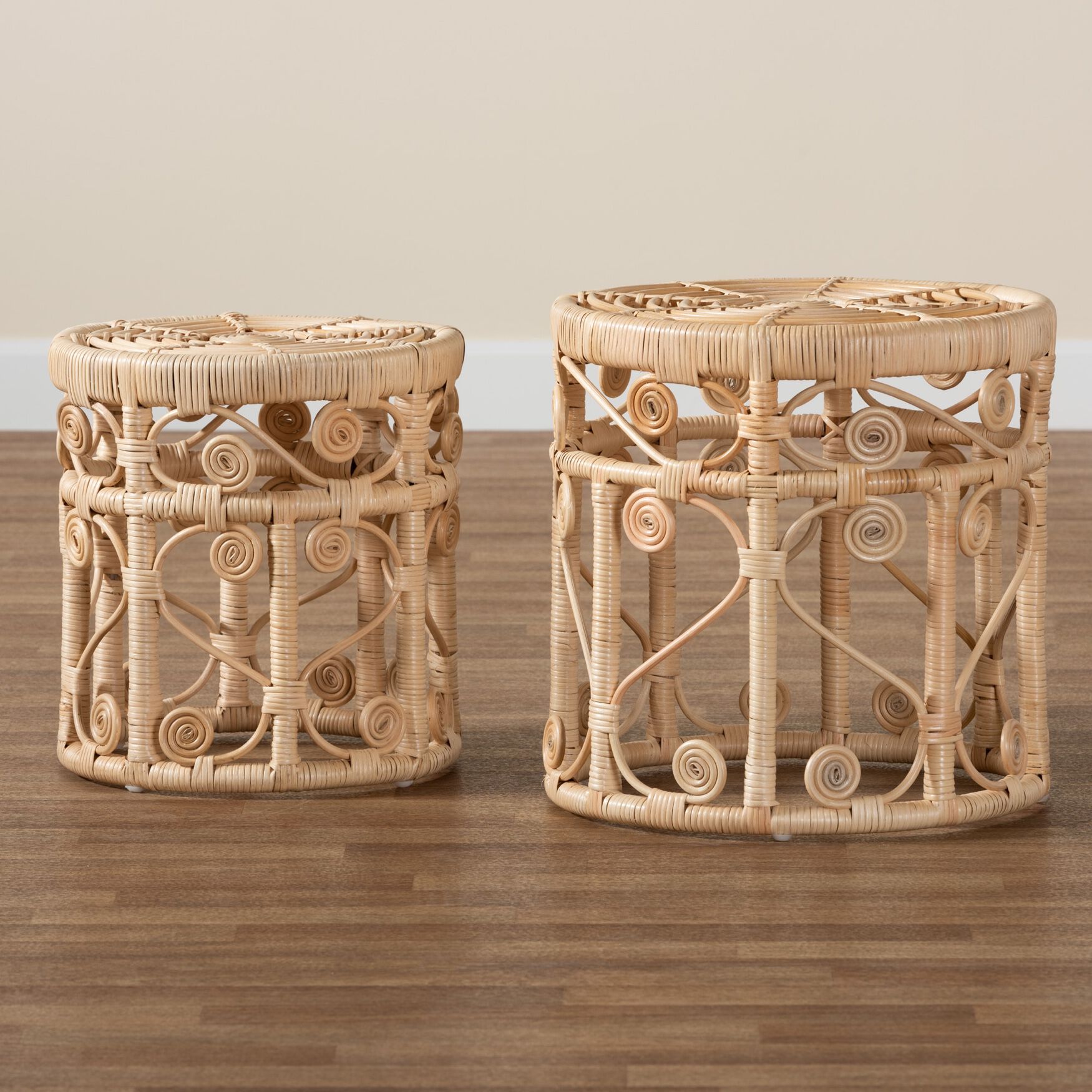 Bowie Modern Bohemian Natural Brown Rattan 2-Piece Nesting End Table Set, , alternate image number 6