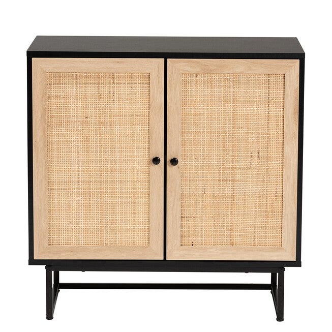 Declan Mid-Century Modern Espresso Brown Finished Wood And Natural Rattan 2-Door Storage Cabinet, , alternate image number null