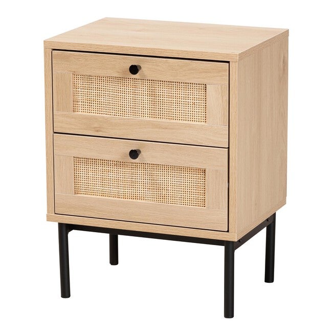 Sherwin Mid-Century Modern Light Brown And Black 2-Drawer End Table With Woven Rattan Accent, LIGHT BROWN BLACK, hi-res image number 0